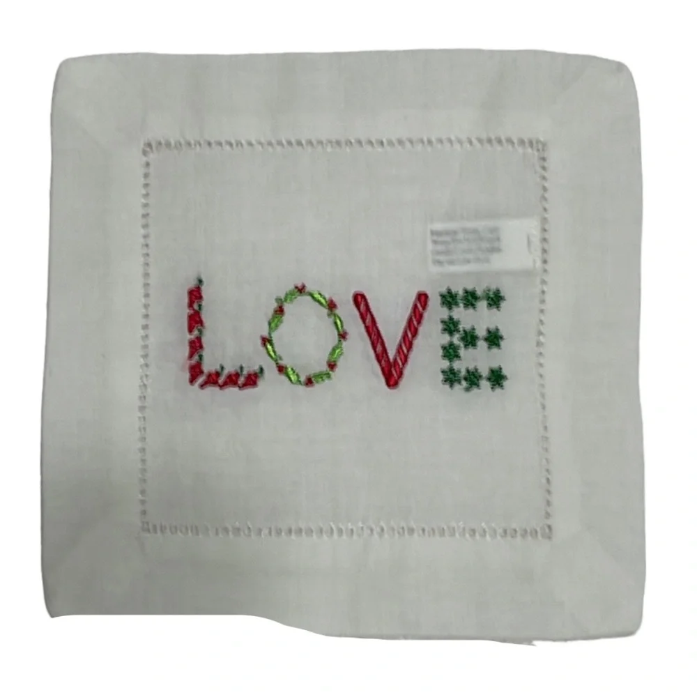CHRISTMAS White Cotton Holiday Embroidered Cocktail Napkins Set of 4
